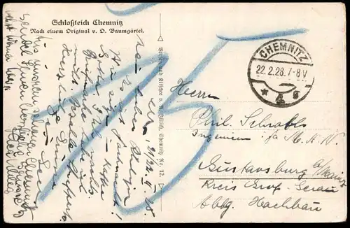 ALTE KÜNSTLER POSTKARTE SCHLOSSTEICH CHEMNITZ NACH EINEM ORGINAL VON D. BAUMGÄRTEL 1928 AK Ansichtskarte cpa postcard