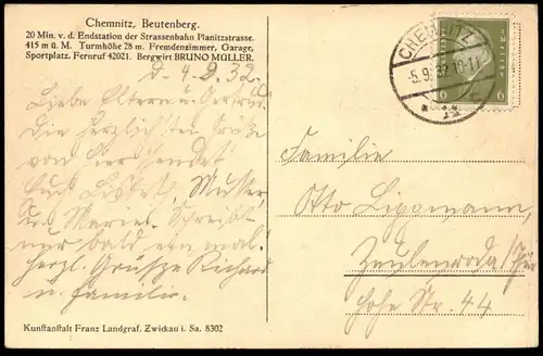 ALTE POSTKARTE CHEMNITZ 1932 UNTERKUNFTSHAUS BEUTENBERG 20 MINUTEN VON DER ENDSTATION DER STRASSENBAHN Ansichtskarte AK