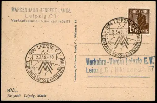 ALTE POSTKARTE LEIPZIG MARKT MARKENHAUS HERBERT LANGE MESSE 1948 LEIPZIGER VERSICHERUNG AK Ansichtskarte cpa postcard