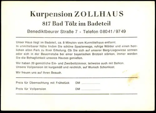 ÄLTERE KARTE KURPENSION ZOLLHAUS BAD TÖLZ PENSION Postkarte Werbekarte Ansichtskarte postcard AK cpa