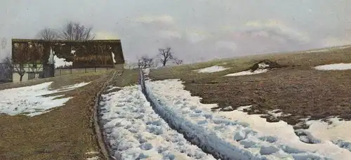 ALTE POSTKARTE ZESCHNIG SÄCHSISCHE SCHWEIZ DER LETZTE SCHNEE HOHNSTEIN Bauernhaus Schnee Winter Photochromie postcard