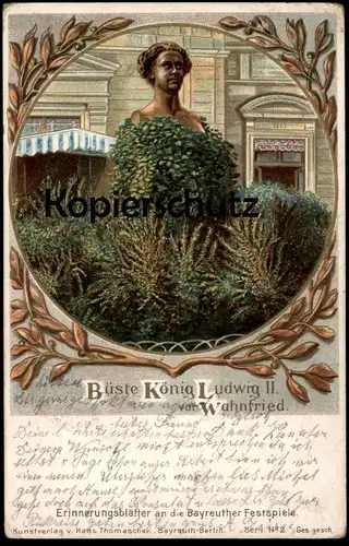 ALTE POSTKARTE BÜSTE KÖNIG LUDWIG II. VOR WAHNFRIED BAYREUTH ERINNERUNG AN DIE BAYREUTHER FESTSPIELE postcard cpa AK