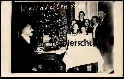 ALTE FOTO POSTKARTE WEIHNACHTEN 1929 CHRISTBAUM MODELLEISENBAHN ZUG MÄRKLIN ? train Blechspielzeug photo postcard AK cpa