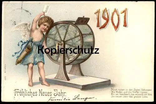 ALTE PRÄGE POSTKARTE NEUJAHR 1901 LOSTROMMEL LOTTERIE ENGEL AMOR GLITZERNDE PERLEN Glücksspiel Los Lose Ansichtskarte AK