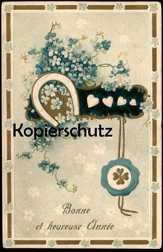 ALTE PRÄGE POSTKARTE BONNE ET HEUREUSE ANNÉE Neujahr embossed cpa gauffrée Herz heart postcard AK Ansichtskarte