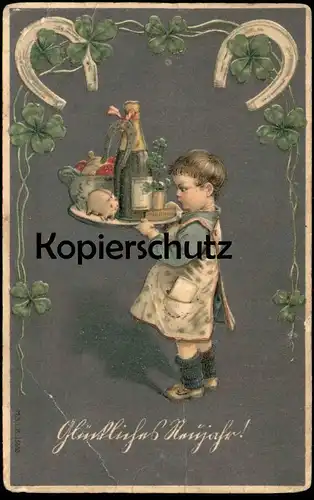 ALTE PRÄGE POSTKARTE GLÜCKLICHES NEUJAHR KIND ALS KELLNER GARCON ENFANT WAITER CHILD cpa postcard AK Ansichtskarte