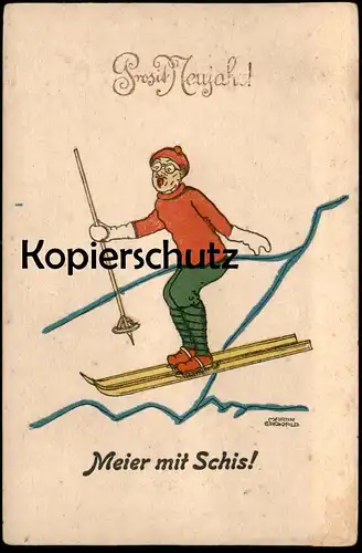 ALTE POSTKARTE PROSIT NEUJAHR MEIER MIT SCHIS SIGN. MARTIN GROWALD faire du ski skiing Angst fear peur AK Ansichtskarte