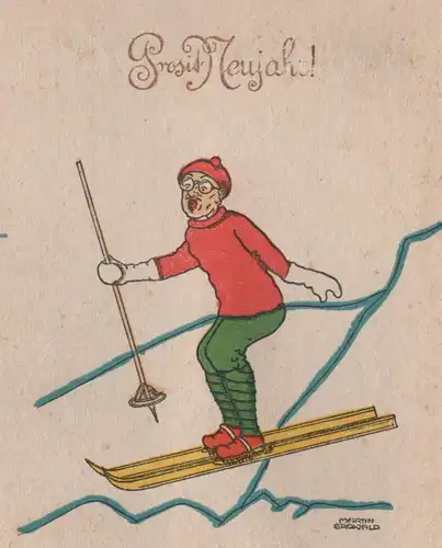 ALTE POSTKARTE PROSIT NEUJAHR MEIER MIT SCHIS SIGN. MARTIN GROWALD faire du ski skiing Angst fear peur AK Ansichtskarte