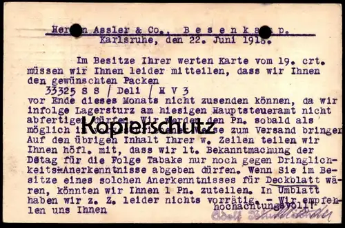 ALTE FIRMEN POSTKARTE KARLSRUHE FIRMA ADOLF BLUM ROHTABAKE NACH ASSLER BESENKAMP ENGER Tabak tobacco tabac cpa postcard