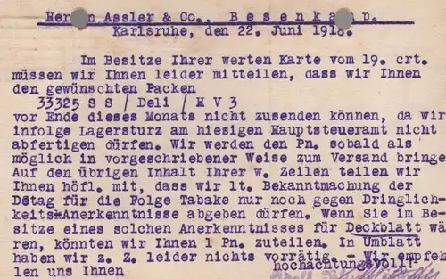 ALTE FIRMEN POSTKARTE KARLSRUHE FIRMA ADOLF BLUM ROHTABAKE NACH ASSLER BESENKAMP ENGER Tabak tobacco tabac cpa postcard