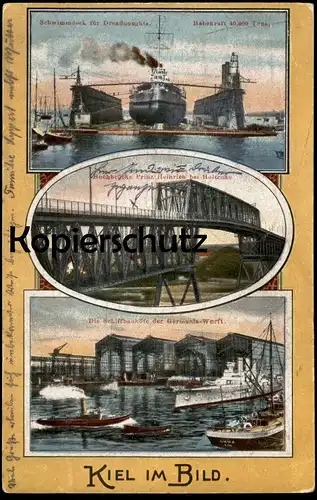 ALTE POSTKARTE KIEL IM BILD SCHWIMMDOCK FÜR DRAIDNOUGHTS SCHIFFBAUHÖFE GERMANIA WERFT HOCHBRÜCKE dockyard postcard cpa a