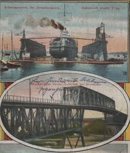 ALTE POSTKARTE KIEL IM BILD SCHWIMMDOCK FÜR DRAIDNOUGHTS SCHIFFBAUHÖFE GERMANIA WERFT HOCHBRÜCKE dockyard postcard cpa a