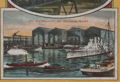 ALTE POSTKARTE KIEL IM BILD SCHWIMMDOCK FÜR DRAIDNOUGHTS SCHIFFBAUHÖFE GERMANIA WERFT HOCHBRÜCKE dockyard postcard cpa a