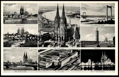 ALTE POSTKARTE KÖLN UNIVERSITÄT RHEINUFER DEUTZER BRÜCKE MÜLHEIMER MESSETURM FESTBELEUCHTUNG UNI Ansichtskarte postcard