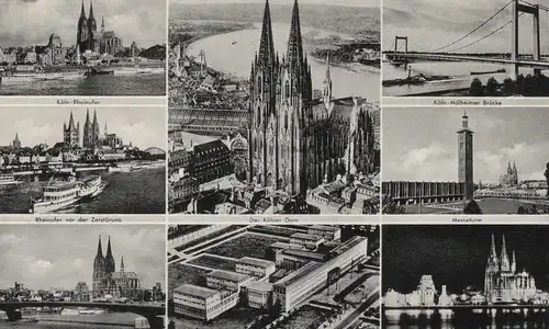 ALTE POSTKARTE KÖLN UNIVERSITÄT RHEINUFER DEUTZER BRÜCKE MÜLHEIMER MESSETURM FESTBELEUCHTUNG UNI Ansichtskarte postcard