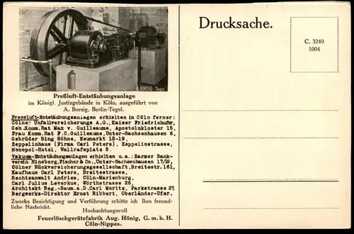 ALTE POSTKARTE PRESSLUFT-ENTSTÄUBUNGSANLAGE IM KÖNIGL. JUSTIZGEBÄUDE IN KÖLN Maschine machine Ansichtskarte AK postcard