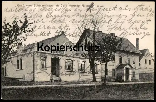 ALTE POSTKARTE GRUSS VOM SCHÜTZENHAUS MIT CAFÉ HERTWIG RUSSDORF LIMBACH OBERFROHNA Ansichtskarte postcard cpa