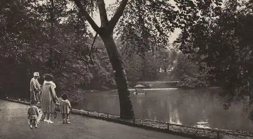 ALTE POSTKARTE DÜSSELDORF HOFGARTENPARTIE AM RUNDEN WEIHER FOTOMONTAGE FAMILIE Hund dog children Kinder chien montage