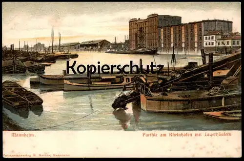 ALTE POSTKARTE MANNHEIM PARTHIE AM RHEINHAFEN MIT LAGERHÄUSERN Partie Schwimmbagger Frachtschiff cargo ship postcard cpa