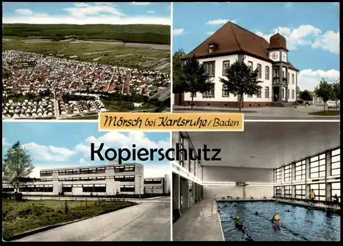 ÄLTERE POSTKARTE MÖRSCH BEI KARLSRUHE BADEN Rathaus Schwimmbad swimming pool piscine Schule postcard Ansichtskarte cpa