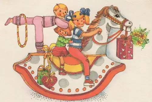 ÄLTERE KÜNSTLER POSTKARTE KINDER AUF SCHAUKELPFERD DDR rocker rocking horse cheval à bascule cpa Ansichtskarte postcard