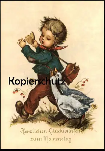 ALTE KÜNSTLER POSTKARTE HERZLICHEN GLÜCKWUNSCH ZUM NAMENSTAG KIND GANS goose oie child enfant cpa AK postcard