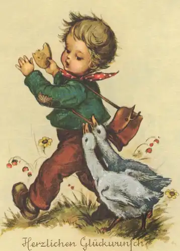 ALTE KÜNSTLER POSTKARTE HERZLICHEN GLÜCKWUNSCH ZUM NAMENSTAG KIND GANS goose oie child enfant cpa AK postcard