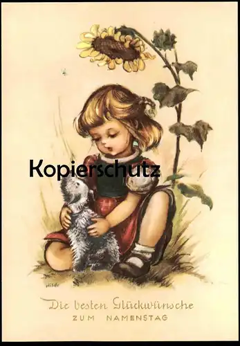 ALTE KÜNSTLER POSTKARTE DIE BESTEN GLÜCKWÜNSCHE ZUM NAMENSTAG KIND MÄDCHEN girl child enfant Hund dog chienpostcard