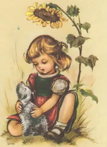 ALTE KÜNSTLER POSTKARTE DIE BESTEN GLÜCKWÜNSCHE ZUM NAMENSTAG KIND MÄDCHEN girl child enfant Hund dog chienpostcard