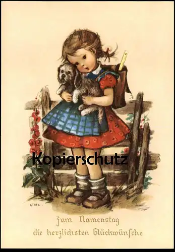 ALTE KÜNSTLER POSTKARTE ZUM NAMENSTAG DIE HERZLICHSTEN GLÜCKWÜNSCHE KIND MÄDCHEN girl child enfant Hund dog chien