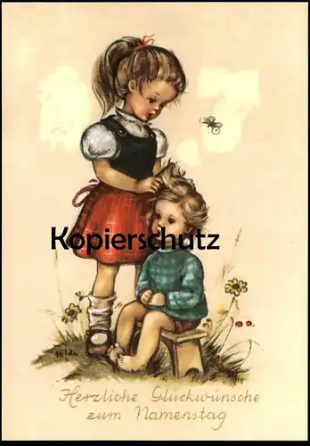 ALTE KÜNSTLER POSTKARTE HERZLICHE GLÜCKWÜNSCHE ZUM NAMENSTAG KINDER KIND MACHT HAARE child enfant hairdresser Friseur AK