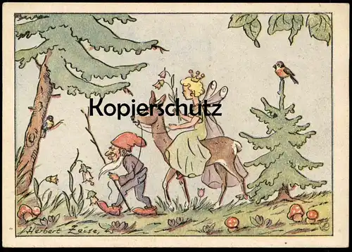 ALTE KÜNSTLER POSTKARTE ELFE FEE ZWERG HERBERT ZEISE midget dwarf nain Reh chevreuil deer  postcard cpa AK Ansichtskarte