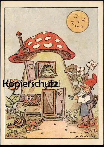 ALTE KÜNSTLER POSTKARTE ZWERG & FROSCH PILZ H. ZEISE 1945 vermenschlicht dwarf nain midget frog grenouille cpa postcard