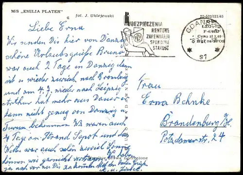 ÄLTERE POSTKARTE SCHIFF M/S EMILIA PLATER Stempel Danzig Gdansk Frachtschiff ship Ansichtskarte cpa AK postcard