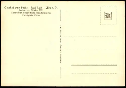 ALTE POSTKARTE ULM GASTHOF ZUM FUCHS KARLSTRASSE PAUL REIFF DONAU fox renard Ansichtskarte AK cpa postcard fox renard