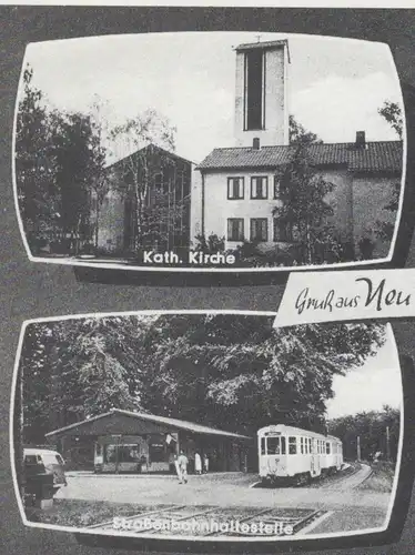 ÄLTERE REPRO POSTKARTE GRUSS AUS NEU-FRANKENFORST STRASSENBAHN SCHULE KIRCHE BERGISCH GLADBACH tramway Ansichtskarte AK