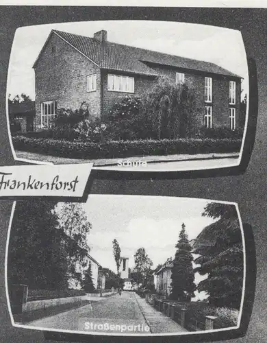 ÄLTERE REPRO POSTKARTE GRUSS AUS NEU-FRANKENFORST STRASSENBAHN SCHULE KIRCHE BERGISCH GLADBACH tramway Ansichtskarte AK