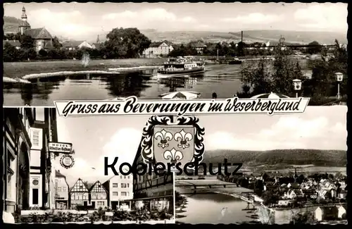 ÄLTERE POSTKARTE GRUSS AUS BEVERUNGEN IM WESERBERGLAND HOTEL ALTDEUTSCHES GASTHAUS DAB BIER Schiff Weser Ansichtskarte