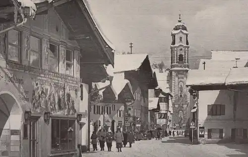 ÄLTERE POSTKARTE MITTENWALD STRASSENPARTIE MIT PFARRKIRCHE Kirche Bayern Ansichtskarte cpa AK postcard