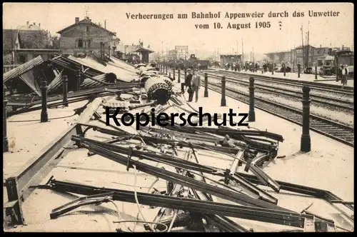 ALTE POSTKARTE VERHEERUNGEN AM BAHNHOF APPENWEIER DURCH DAS UNWETTER VOM 10. AUGUST 1905 DAMPFLOK station gare disaster