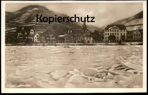 ALTE POSTKARTE ASSMANNSHAUSEN DER ZUGEFRORENE RHEIN 1929 zugefrorener Eis Eisgang rhin gelée frozen rhine postcard cpa