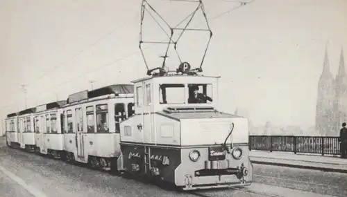 ÄLTERE REPRO POSTKARTE BILDSERIE VORORTBAHN BÜGELEISEN ALS E-LOK MIT NIEDERFLUR-BEIWAGEN AUF DER LINIE P PORZ-ZÜNDORF
