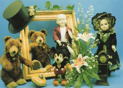 ÄLTERE POSTKARTE TEDDYBÄR PUPPE MICKY MAUS Teddy Bär bear ours doll Mickey Mouse Kaminuhr Kreisel Ansichtskarte postcard