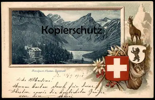 ALTE PRÄGE POSTKARTE LITHOGRAFIE SEEALPSEE CANTON APPENZELL STEINBOCK Wappen Schweiz Suisse postcard cpa Ansichtskarte