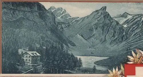 ALTE PRÄGE POSTKARTE LITHOGRAFIE SEEALPSEE CANTON APPENZELL STEINBOCK Wappen Schweiz Suisse postcard cpa Ansichtskarte