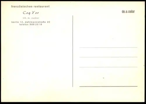 ÄLTERE POSTKARTE BERLIN FRANZÖSISCHES RESTAURANT COQ D'OR INHABER M. ZUCKER postcard cpa AK Ansichtskarte