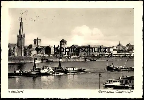 ALTE POSTKARTE DÜSSELDORF RHEINPARTIE RATHAUSUFER DAMPFER Frachtschiff cargo ship cpa AK postcard Ansichtskarte