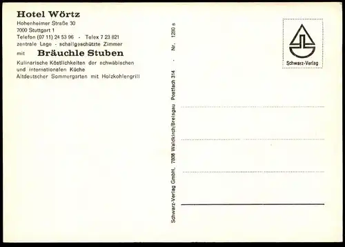 ÄLTERE POSTKARTE HOTEL WÖRTZ STUTTGART BRÄUCHLE STUBEN SCHWÄBISCHE KÜCHE cpa AK Ansichtskarte postcard