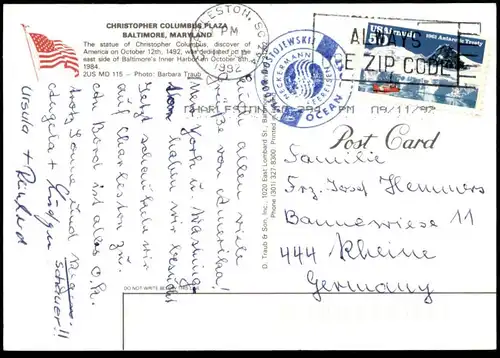 ÄLTERE POSTKARTE BALTIMORE CHRISTOPHER COLUMBUS 1492-1992 QUINCENTENNIAL Schiffsstempel Fedor Dostojewski cpa postcard