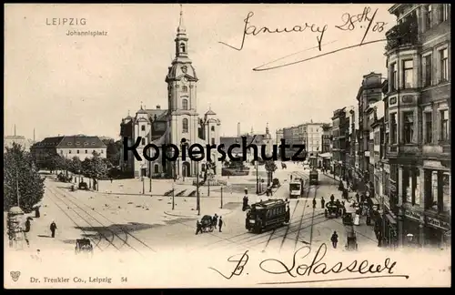 ALTE POSTKARTE LEIPZIG JOHANNISPLATZ 1906 STRASSENBAHN GESCHÄFT ARTHUR DIETZ CARL FICHTNER tramway tram postcard cpa AK